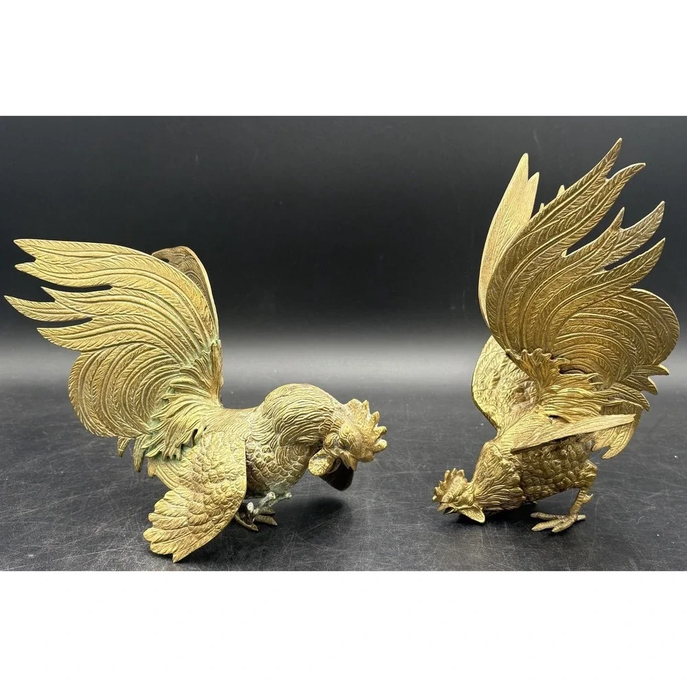 Vtg Set Of 2 Fighting Roosters 1970's MCM Heavy Golden Shiny Patina Farmhouse